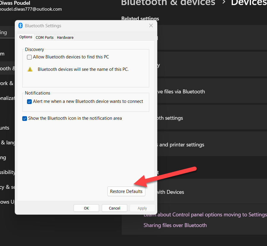 Click on Restore Default button